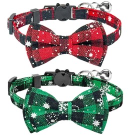 Baipesiy Cat Kitten Collars Christmas with Bow Tie and Bell, Snowflake Plaid Cat Collar Breakaway Design, Soft and Removable, 2-Pack for Holiday and Daily Use Cat Accessory (Red and Green Snowflakes)
