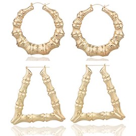 Goldtone 3.25 Inch Bamboo Style Hoop Earrings and a Triangle Bamboo 3.5 Inch Hoop (E-788 + E-799)