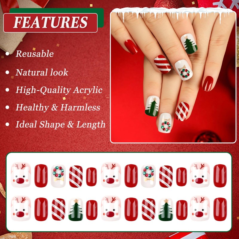 24Pcs Christmas False Nails Short Square, French Red Press on