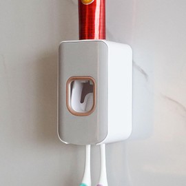 Zahnbürstenhalter mit 2 Schlitzen und Zahnpastaspender zur Wandmontage, automatische Zahnpasta-Presse, 2-in-1-Zahnbürsten-Zahnpasta-Organizer für Dusche (Hellgrau)