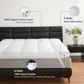 LeWinBedding Dual Layer 5 Inch Goose Feather Mattress Topper Twin Size, 4 Inch Goose Feather Plus 1 Inch Down Alternative Pillow Top, Medium Firm Featherbed with Adjustable Straps(39"x75", Wavy)