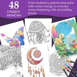 Libros para Colorear para Adultos Antiestrés Mandalas 36 Plumones Tamaño A4 - Hermosos Patrones de Flores - Regalo Ideal de Arte Terapia para la Relajación Profunda