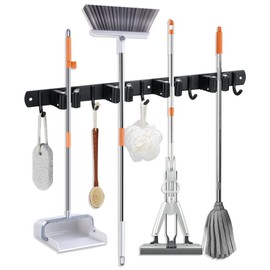 JAMEND CLXP Broom Hanger and Mop Holder, Heavy Duty Garden Tool Organizer Rack Rake and Shovel Handle, Stainless Steel Wall Mounted Utility Rack with Screws (4 Racks with 5 Hooks, Matte Black).