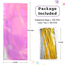 Ohuimrt 100 PCS Iridescent Cellophane Treat Bags, 4 x 9.5 Inches Holographic Goodie Bags with Twist Ties Plastic Party Favor Bags for Small Gifts, Candies, Cookies, Snacks