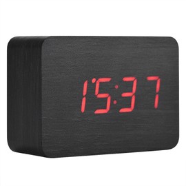 Wooden Electronic Digital Alarm Clock Temperature LED Display Sounds Control Black