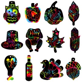 FLYAB Thanksgiving Scratch Art Crafts for Kids 24pcs Magic Rainbow Scratch Paper Fall Thanksgiving Party Favor for Kids Thanksgiving Ornaments DIY Crafts Decorations for Home Tree Classroom Decor