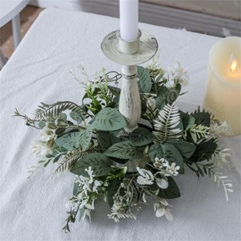 2 Pack Artificial Eucalyptus Leaves Wreaths Candle Rings Wreaths 10 Inch Small Boho Wreath Pillar Candle Holder for Wedding Home Door Tabletop Decoration (Green-2pcs)
