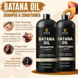 INFINA ESSENTIALS - Juego de champú y acondicionador de aceite de batana | 16 onzas líquidas cada uno | con biotina y árbol de té | Fórmula hidratante
