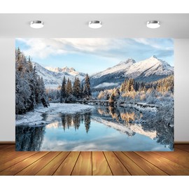 Loccor 5x3ft Fabric Winter Mountain River Backdrop Snow Landscape Snowy Mountain Lake Pine Forest Trees Backdrop Party Decorations Photo Studio Props