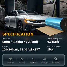 X AUTOHAUX 236mil 6mm 0.31sqft Sound Deadening Mat Aluminum Foil Heat Shield Material Self Adhesive Universal for Hood Boat Engine Cover 39.37"x39.37" Blue
