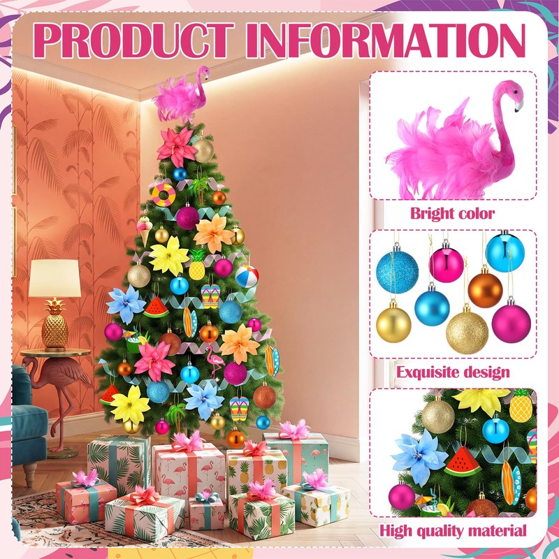 Seenelling 65 Pcs Summer Christmas Tree Ornaments, Tropical Flamingo Decor