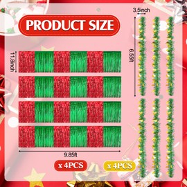 Crowye 8 Pcs Christmas Parade Float Decorations Including 4 Pcs 9.85 ft Metallic Foil Fringe Curtains and 4 Pcs Tinsel Garlands for Christmas Indoor Outdoor Holiday Decor(Gold,Red,Green)