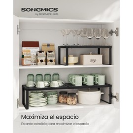 SONGMICS Juego de 2 Especieros, Extensibles, Organizador de Cocina, Estante de Cocina, Organizador de Armario, Metal, Negro Mate MKCS402B01