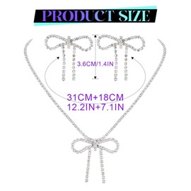 ACEDRE Rhinestone Bow Jewelry Set Silver Sparkly Crystal Bowknot Pendant Necklace Dainty Dangle Prom Earrings Sets for Women