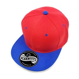 AcademyFits 6 Panel High Crown Acrylic Flat Visor Brim Snapback Men Women Unisex Design Plain Blank Solid Hat 2 Tone Cap (Red/Royal)