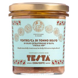 Bluefin Tuna Ventresca in Extra Virgin Olive Oil - Testa Conserve, Sicily, Italy - in a glass jar of 11.2oz