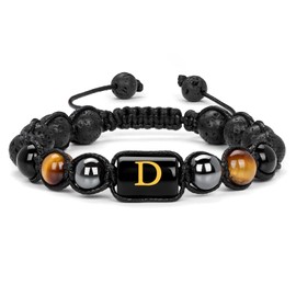 Vinswet Initial Beaded Bracelets for Men,8mm Tiger Eye Obsidian Hematite Triple Protection Bracelet, Natural Crystal, tiger eye