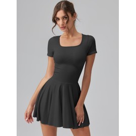 OQQ Women's Square Neck Ruffle Hem Mini Dress Summer Short Sleeve with Shorts Party Dresses Black