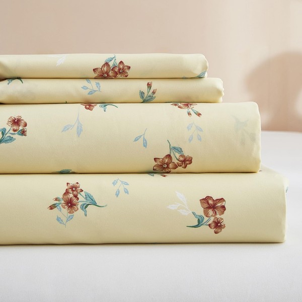 California King Sheets Set - Yellow Floral Sheets 4 Piece,Luxury
