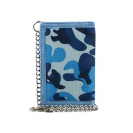 Mens Boys Camouflage Canvas Tri-Fold Wallet with Chain & Clip CAMO Slim-Blue/Navy