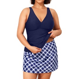Daci Women Plus Size Tummy Control Tankini with Skirt Two Piece Bathing Suits V Neck Swimsuits, Navy Blue, 26 Plus