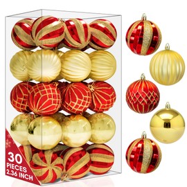 Pelle & Sol 30 Pcs Christmas Baubles Set 6cm / 2.36 inches - Christmas Decorations, Shatterproof Baubles for Christmas Tree Decorations, Lightweight Xmas Balls w/Easy to Hang String (Red & Gold)