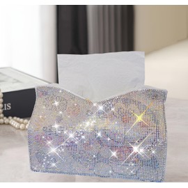 Bling Tissue Box Cover Silver Leather Tissue Box Holder Diamond Decor Tissue Organizer Rhinestone Handmade Tissue Cube Box for Bathroom Bedroom Dresser Living Room Office Dorm Decor