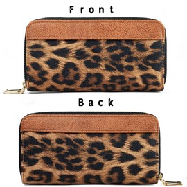 KAROMUS Women's Cow Print Wallet, Western Large Capacity Highland Purse, 2 Zippers Card Cases and Money Organizers Cow Stuff Gifts for Ladies, Leopard Brown