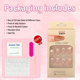 French Press on Nails Short Square Sokfone Nude Pink Fake Nails Floral Full Cover False Nails with Flower Designs Glossy Press on Nail Cute Acrylic Stick on Nails Spring for Women Girls 24 Pcs