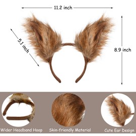 Squirrel Costume Accessory Set for Kids and Adults, Brown Furry Ears Headband and Tail, 2-Piece
