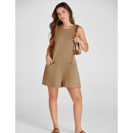 Yeokou Women's Casual Rompers Stretchy Onesie Summer Sleeveless Shorts Jumpsuits with Pockets(Khaki-XL)