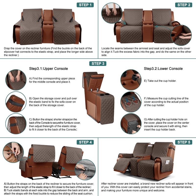 Ruaozz Waterproof Loveseat Recliner Cover with Console Non-Slip Reclining Couch