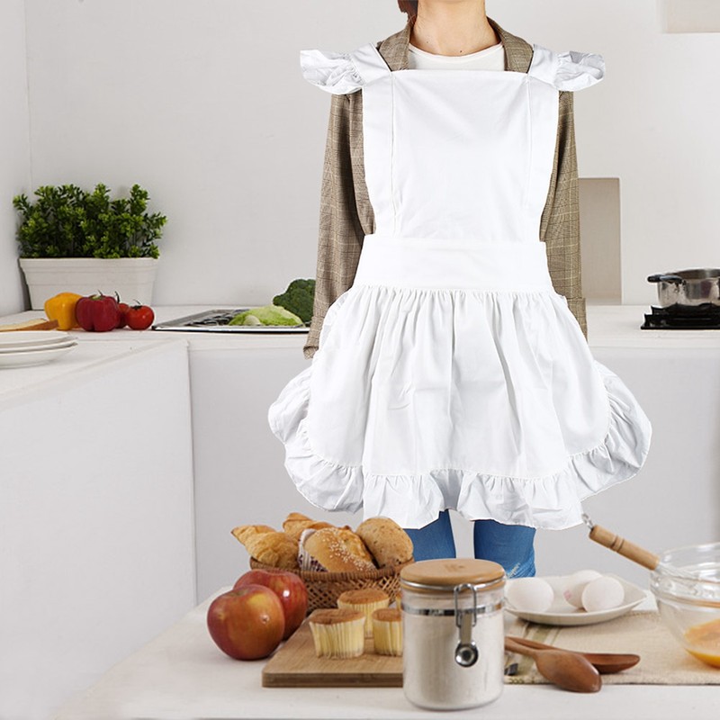 Princess Ruffles Hem Cotton Apron Adjust Waist Women Girl White