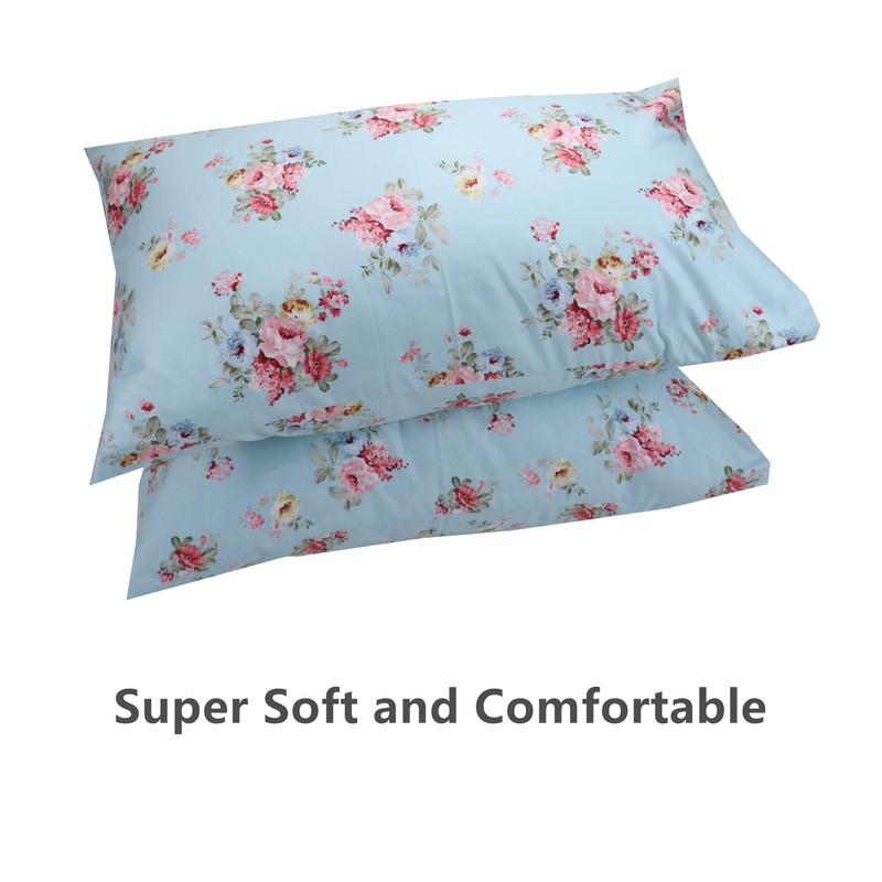 2 Pack Queen Floral Bed Pillow Pillowcases, 100% Cotton Blue