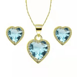 Paris Jewelry 18k Yellow Gold Heart 4 Ct Created Aquamarine CZ Full Set Necklace 18 in Plated