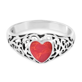 AeraVida True Devotion Reconstructed Red Coral Heart Sterling Silver Ring | Delicate Wedding Rings For Women | Casual Comfort Fit Silver Rings for Women | Gift for Women (6)