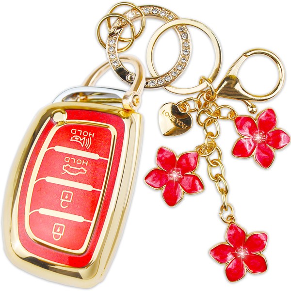 Yekoubo Red TPU Key Fob Cover with Sakura Flower Keychain