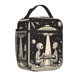 ainori - Lonchera reutilizable para niños y mujeres, adultos, bolsa de almuerzo retro con aislamiento Ufo Cósmico Café, bolsa de poliéster para la escuela, picnic, trabajo, viajes, playa o senderismo
