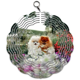 Two Cute Pomeranian in a Flower Garden Wind Spinner Art 10 inch for Garden Decor with Swivel Hook, Double Sided Circle Hanging Wind Spinner Dog Breed Tree Design Hanger for Yard Porch Front Door