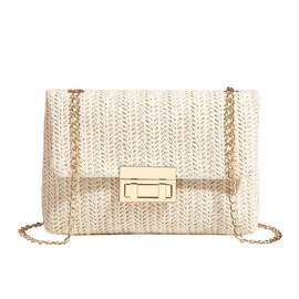 TOFBS Beach Bag Women's Crochet Bag Straw Clutch Summer Woven Handwoven Tote Bags Elegant Cross Body Shoulder Bag with Chain for Party Banquet Holiday, beige