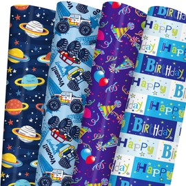 GIOLAINY Birthday Wrapping Paper for Kids Boys Girls - Outer Space, Monster Trucks, Balloons, "Happy Birthday" Words Design - 8 Sheets (29 x 20 Inches), Easy to Store
