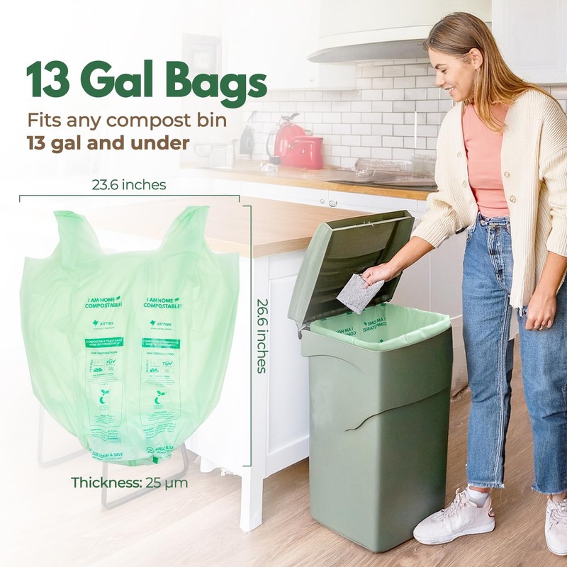 AIRNEX Compostable Kitchen Trash Bags 13 Gal - Cornstrarch Leakproof