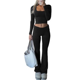 iGENJUN Women's 2 Piece Sets Fall Outfits Long Sleeve Square Neck Crop Top Low Rise Flare Leggings Sets Yoga Sweatsuit Casual Lounge Set Matching Sets,M,Black