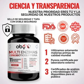 Enzimas Digestivas Probioticos, Glutation y Fibra | Lactobacillus Casei, Lactasa, Lipasa | Digestive Enzymes Oby Vitaminas Mujer y Hombre | 60 capsulas | Premium