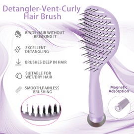 Hair Brush, Curved Vented Hairbrush Faster Blow Drying, Detangler Brush with a Built in Brush Cleaner, Hair Clips and Magnetic Holder, for women Men & Kids, Detangling Brush for All Hairs - Purple