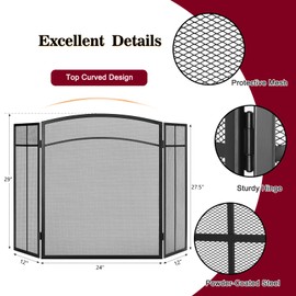 Gtongoko Fireplace Screen 3 Panel 48" W x 29" H Wrought Iron Metal Decorative Fire Spark Guard Cover for Living Room, Fits Most Standard Fireplaces, Black