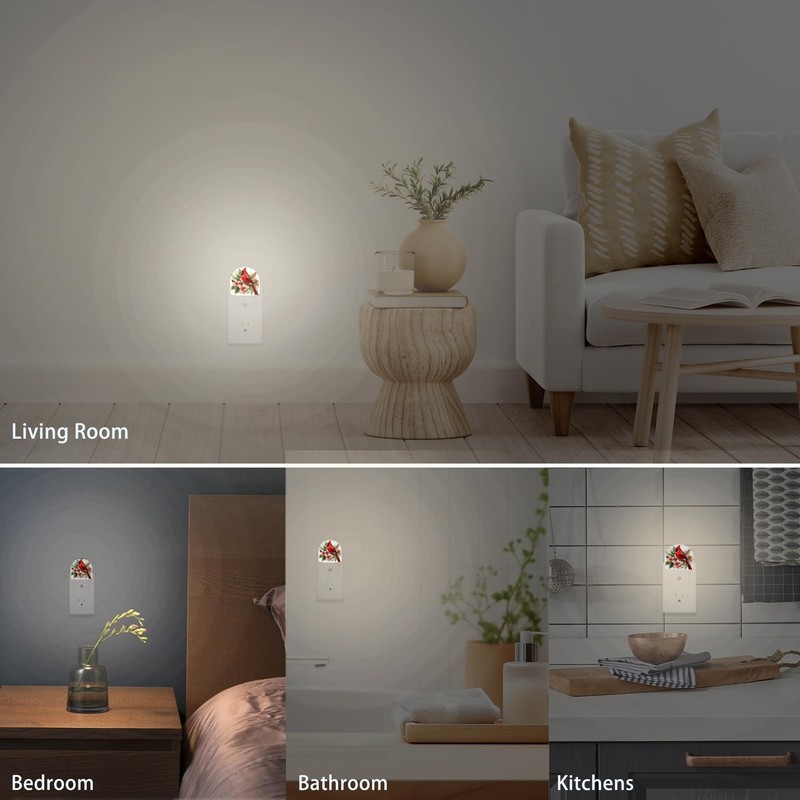 YESPOAK Night Light,Red Cardinal Bird Flowers Night Lights Plug Into