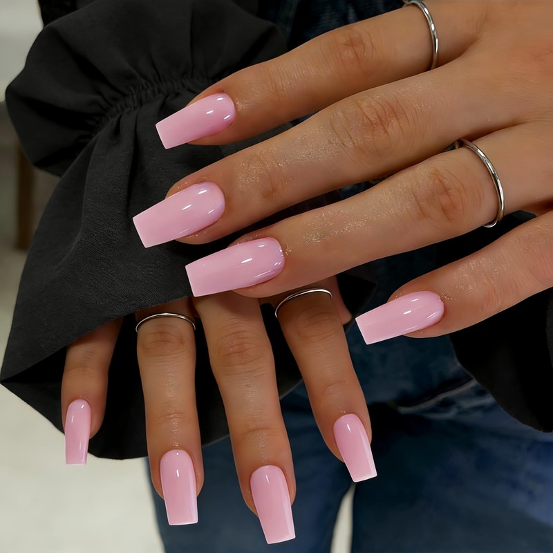 SXVME Uñas postizas cuadradas largas en rosa bebé con pegamento