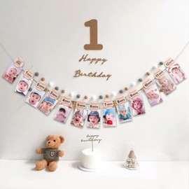 GIOGUK First Birthday Photo Banners - Baby Photo Banners From Newborn To 12 Months, Boys And Girls Monthly Milestone Garland, First Birthday Party Decorations, Baseball Themed Baby Shower Party