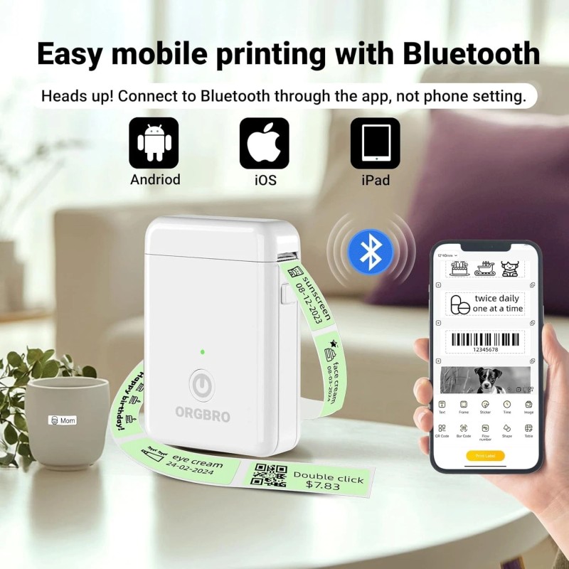 ORGBRO Label Maker Machine with Tape, X1 Portable Bluetooth Mini